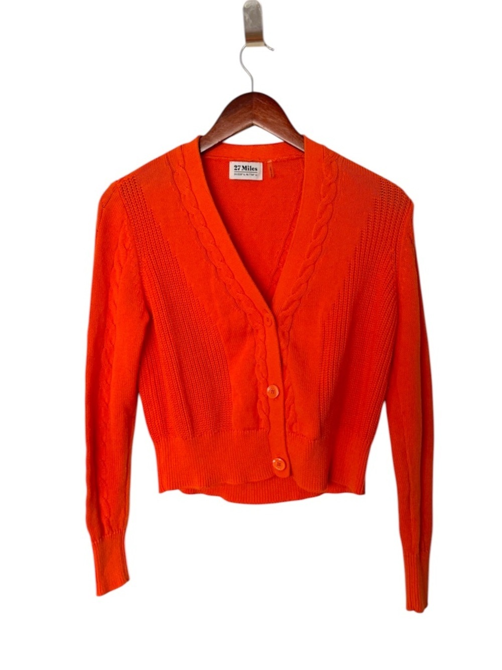 27 Miles Malibu Orange V-Neck Cable Knit Button Cardigan Sweater